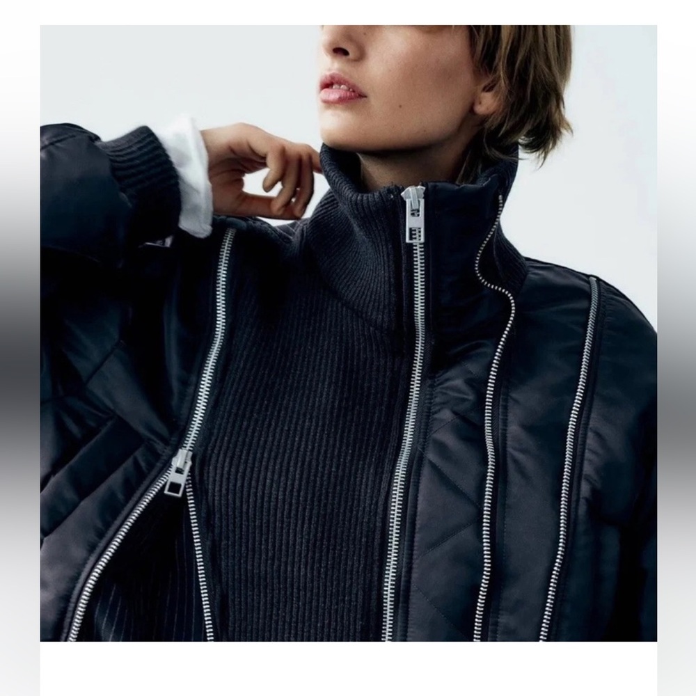 Zara Black Bomber Jacket with Silver Zippers - Picture 3 of 9